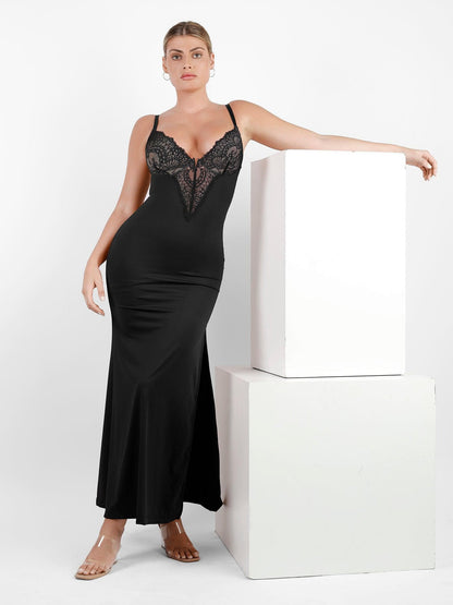 Shapewear Lace V Neck Side Slit Slimming Maxi Slip Dress