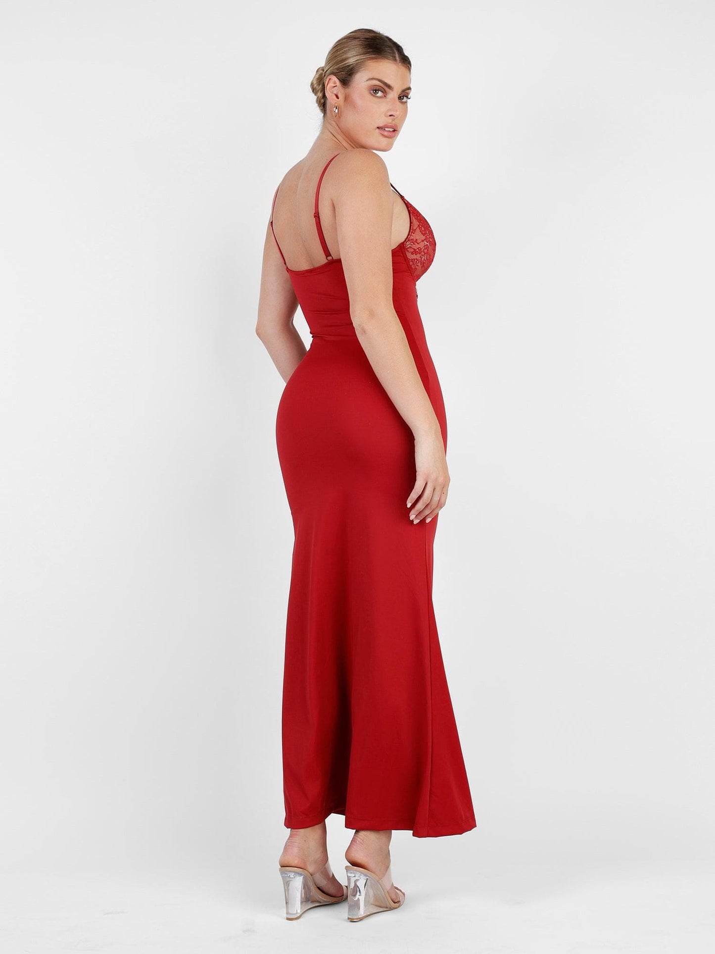 Shapewear Lace V Neck Side Slit Slimming Maxi Slip Dress