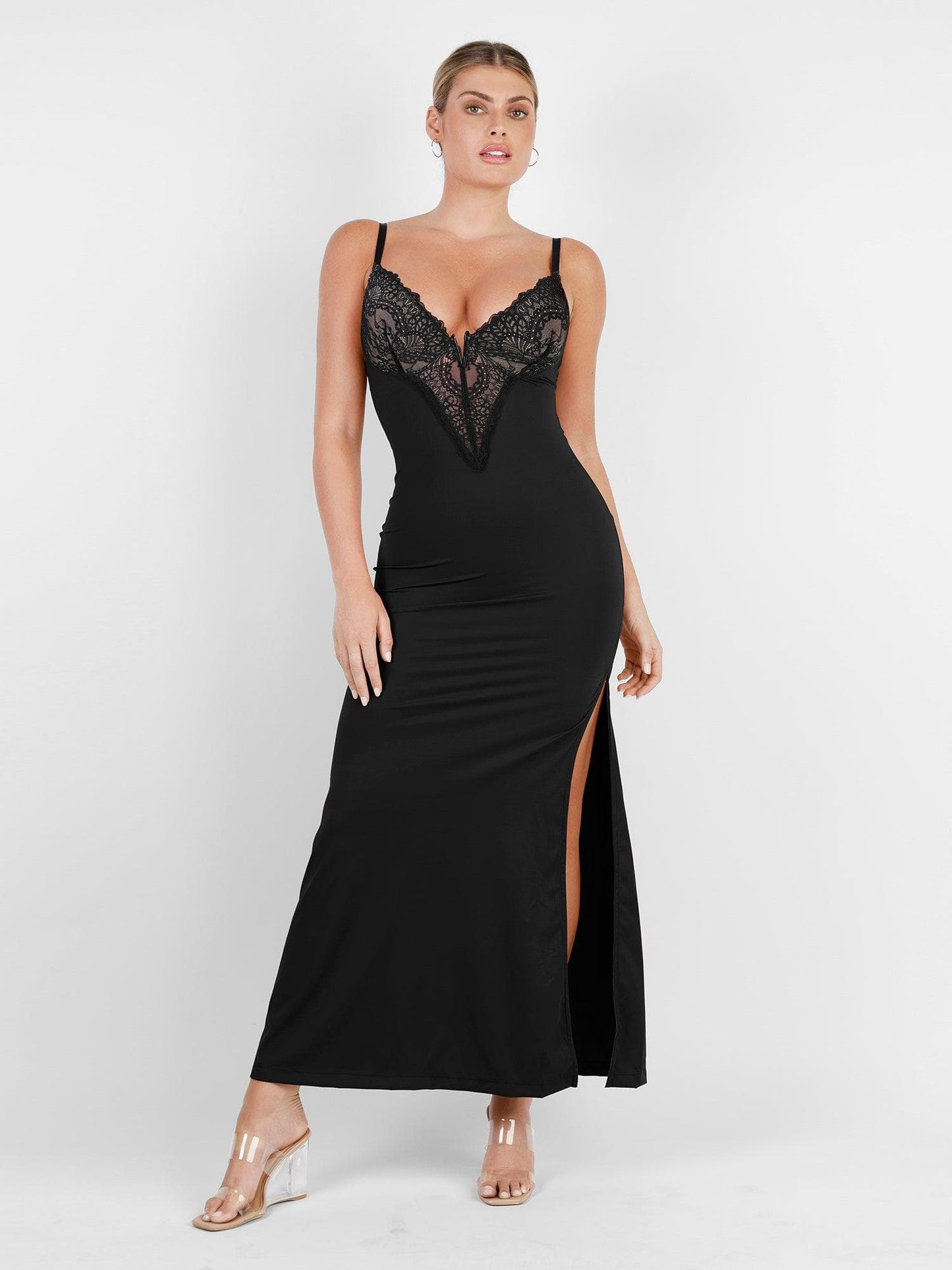 Shapewear Lace V Neck Side Slit Slimming Maxi Slip Dress