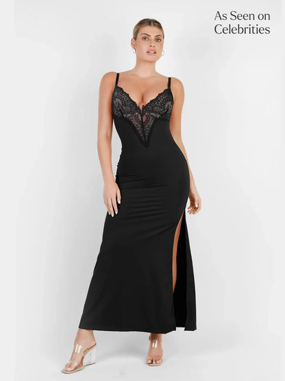 Shapewear Lace V Neck Side Slit Slimming Maxi Slip Dress